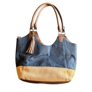 Denim Straw Tote Bag Womens Brown Leather Trim Tassel Accent Shoulder Bag